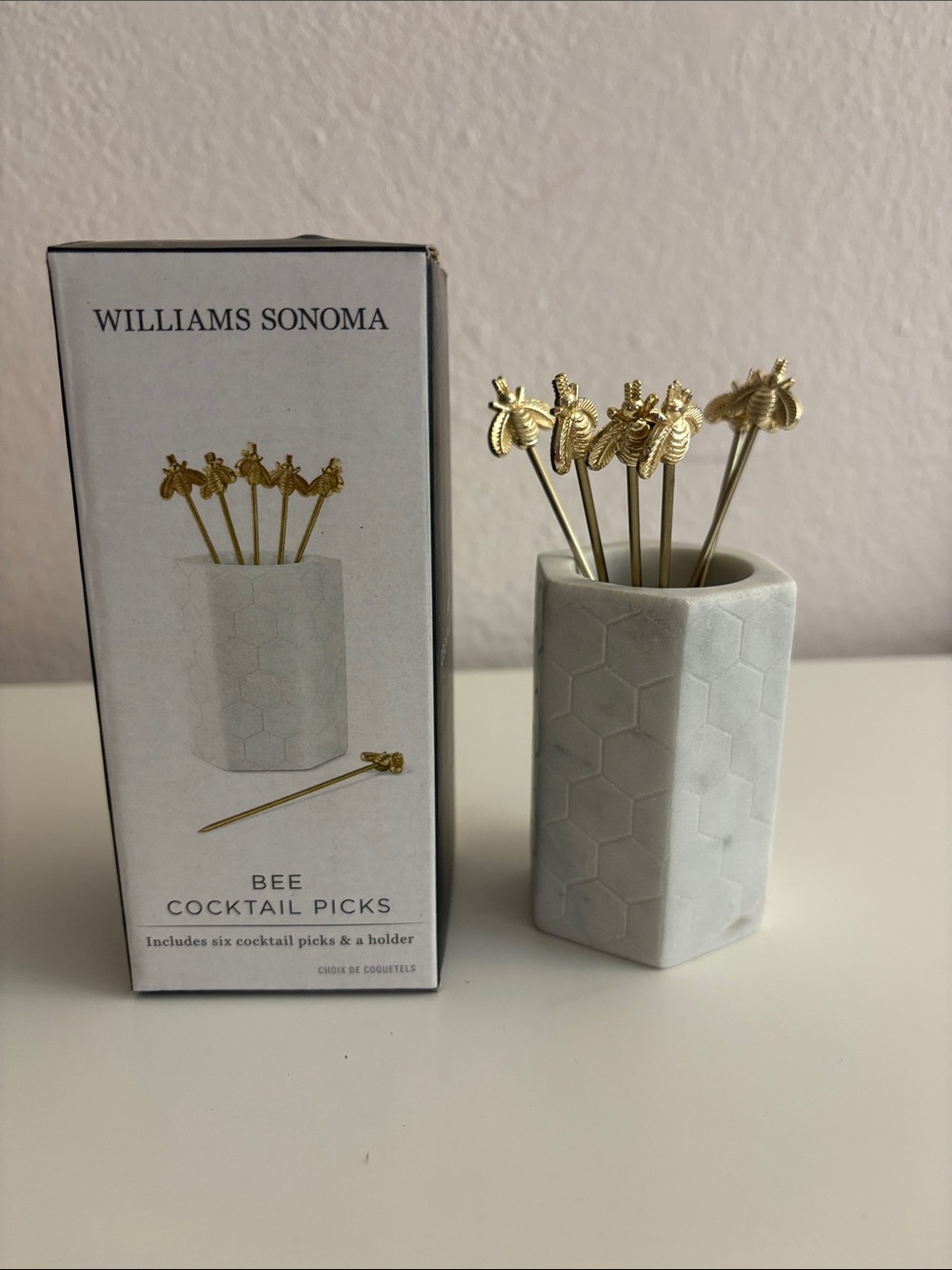 Williams Sonoma Gold Bee Cocktail Picks with White Hexagonal Holder